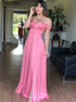 A Line Off the Shoulder Pink Satin Prom Dresses with Split LBQ1484